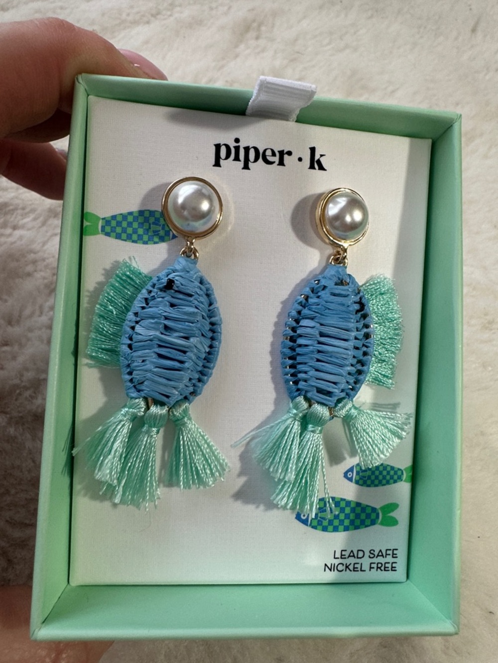 Piper K embroidered fish rattan dangle earrings